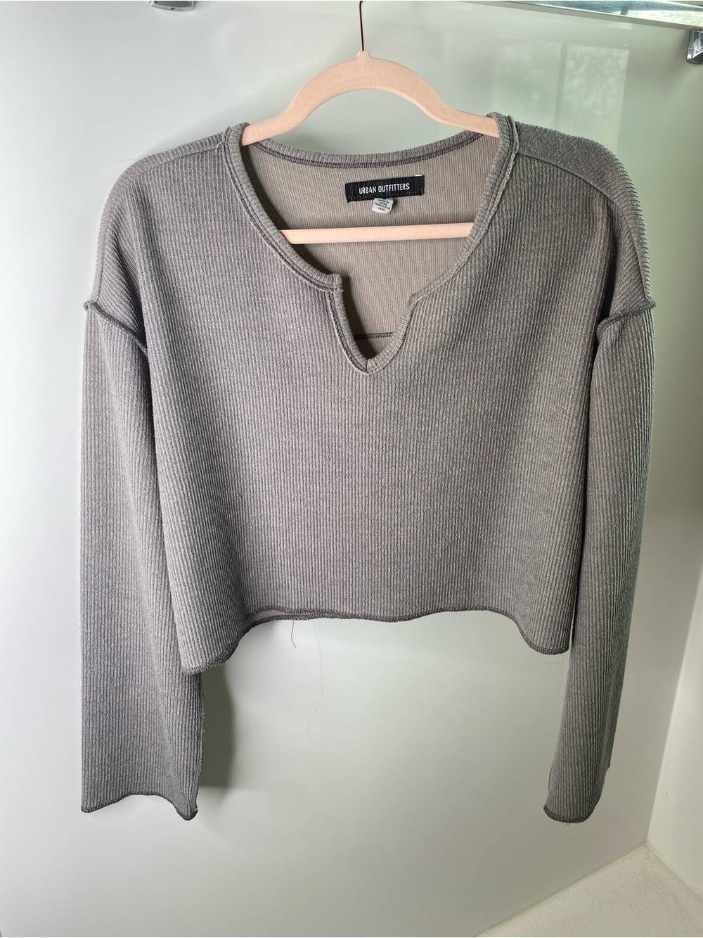 Urban Outfitters Light Gray Ribbed Cropped Notch-Neck Sweatshirt